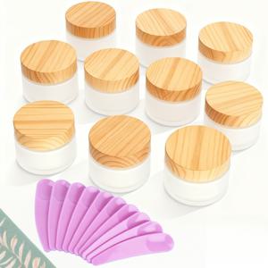 TEMU 10개 세트 - 고급스러운 나뭇결 질감의 플라스틱 뚜껑이 있는 50ml 무광 유리병, 핑크색 메이크업 브러시 10개 포함. 재사용 가능한 50g/1.69oz 누수 방지 뚜껑이 있는 빈 여행용 병. 화장품, 로션, 바디 밀크, 페이스 크림, 립스틱, 향초에 적합