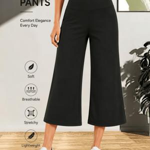 Women's Wide-Leg Pants - Breathable Loose-Fit Capri Length Trousers with Elastic Waistband, Non-er Solid Color Leggings Suitable for, Outdoor, Casual Wear, Spring/Summer Stretch Pants
