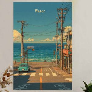 TEMU 2D 평면, 레트로 해변가 마을 벽걸이 포스터 1개 - 액자 미포함, 침실, 사무실, 거실 장식용, 빈티지 항해 캔버스 그림, 파란색 자동차와 바다 풍경 포함, / 가정, 기숙사, 카페, 바 장식용, 할로윈 크리스마스 장식용으로 적합