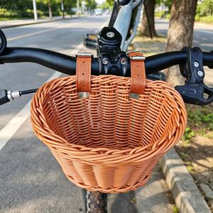 수제 핸드메이드 자전거 바구니 레트로 가죽 스트랩 앞 바구니