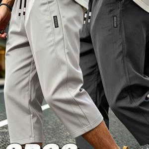 TEMU 2pcs 세트 - 여름 남성용 캐주얼 운동 카프리 팬츠 - 루즈핏 편안한 통기성 좋고 답답하지 않음, 탄성 허리 드로스트링, 자수 라벨 장식, 옆면 포켓. 단색 및 멀티 컬러 선택으로 자유로운 매칭 가능