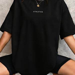 TEMU 플러스 사이즈 여성 크루넥 반팔 블랙 티셔츠, 미니멀 작은 가슴 ATHLETICS 레터 디지털 프린트 루즈 오버사이즈 캐주얼 데일리 기본 탑