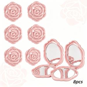 TEMU 장미 모양 거울 8개 세트, 결혼식 답례품, 신부 들러리 선물, 여행 및 파티용 - 휴대용 접이식 플라스틱 컴팩트 장미 꽃잎 메이크업 거울, 광택 처리, 결혼식 하객 기념품용 장미 꽃잎 모양 (핑크색)