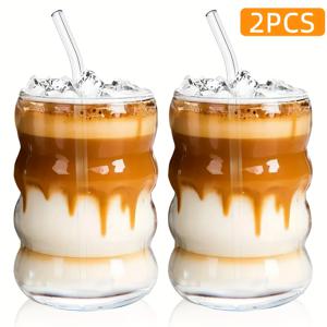 TEMU 사랑스러운 골지 유리컵과 빨대, 16oz 파도 모양 리플 유리잔 아이스 커피, 라떼, 물, 말차, 주스용 – 독특한 음료용 유리잔, 커피 애호가를 위한 완벽한 선물