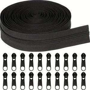 TEMU 10m 대량 5# 재봉용 지퍼, 블랙 나일론 코일 지퍼, 20개 지퍼 슬라이더 포함, DIY 재봉 공예 가방용