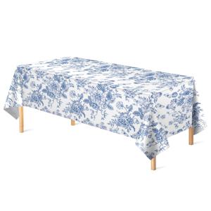 TEMU 블루 플라워 일체형 플라스틱 식탁보 137x265cm, 빈티지 직사각형 일회용 플라스틱 식탁보, 파란 꽃무늬, 네이비 블루와 화이트 테이블 장식, 봄 결혼식, 티파티, 생일 파티용