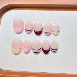 TEMU 10개입 짧은 타원형 프레스 온 네일, 핸드메이드 멀티 컬러 프렌치 인조 네일, 귀여운 물방울 무늬 및 패턴, 재사용 가능한 광택 인조 네일 (네일 파일 및 젤리 글루 포함), 여성용