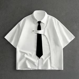 TEMU 남성용 흰색 반팔 셔츠, 프레피 스타일 디자인 반팔 유니폼 셔츠 (탈부착 가능한 넥타이 포함), 데일리 외출, 야외 통근에 적합한 니치 구조 캐주얼 셔츠, 남자친구 선물