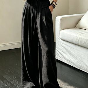 TEMU 여성용 아이스 파이버 원단 드레이프드 발목 팬츠, 하이웨이스트 포켓 드로스트링 플리츠 루즈핏 와이드 레그 스커트 팬츠|치마바지