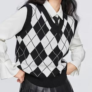 여성용 아가일 조끼, 프레피 V넥 민소매 체크 스웨터 조끼, 클래식 블랙 앤 화이트 조끼, 캐주얼 레이어링 탑, 데일리 캠퍼스웨어용