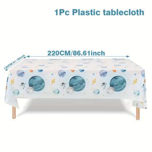 TEMU 1개, 웨딩 장식, 여름 장식, 외부 장식, 장식, 우주 행성 테이블보, 220*130cm, 흰색 베이스에 파란색 행성 플라스틱 테이블 커버, 우주 테마 생일 파티 장식, 베이비 샤워 용품, 홈 테이블 장식