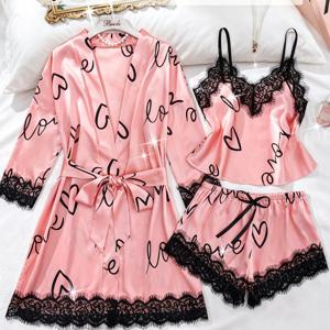 TEMU 3pcs 여성 레터 프린트 레이스 트림 우아한 새틴 파자마 세트, 긴소매 로브 캐미솔 및 반바지, 라운지웨어