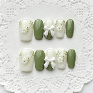 TEMU 순수 수제 벚꽃 리본 그린 중장형 착용 가능한 네일 스티커, 세인트 패트릭 데이를 위한 재사용 가능하고 손상 없는 인조네일