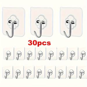 30개 투명 접착 후크 - 벽면 설치 시 손상 없음, 못 불필요, 액자 및 타일에 적합, 다양한 표면과 호환되는 강력한 고정력, 다용도 후크