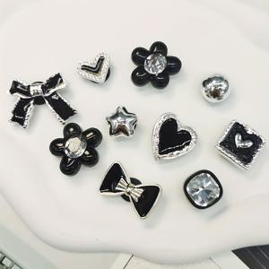 TEMU 10개 세련된 블랙 리본과 꽃 신발 장식, ABS 라인스톤 하트와 별 DIY 데코 - 여성용 슬리퍼, 샌들, 슬리퍼, 비치백에 적합 - 크리스마스, 할로윈, 생일 파티 선물로 완벽 (신발 미포함), 신발 액세서리 | 세련된 신발 장식 | 내구성 있는 신발 장식, 신발 꾸미기