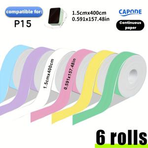 TEMU 6롤 컬러 자체 접착 연속 스티커, 15*4000mm, 선물 포장용 긴 문구 인쇄, P15 프린터 호환, 프린터 라벨 스티커, 인쇄 스티커,자체 접착 라벨,창의적인 라벨링,장식용 라벨,매끄러운 인쇄 표면,내구성 있는 소재,접착 라벨,연속 롤,홈 데코레이터,선물 포장지