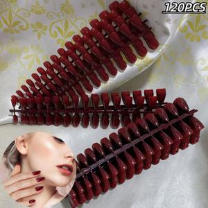 TEMU 120개 딥 버건디 스타일의 세련된 숏 아몬드 모양 인조 손톱, 간편하고 재사용 가능한 네일 스티커, 여성용으로 적합하며 모든 계절에 일상복으로 사용 가능하며 할로윈, 크리스마스, 새해, 발렌타인데이, 부활절의 파티에도 적합합니다.