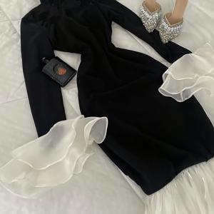 TEMU 여성용 우아하고 세련된, 간편한, 작은 스탠드업 칼라, 슬림 허리, 블랙 앤 화이트 대비, 더블 슬리브, 데일리 데이트 파티, 리틀 블랙 드레스, 패셔너블 롱 드레스