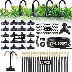 100ft 1/4인치 점적 관개 키트, 조절식 구리 노즐 30개 포함, 정원, 화단, 잔디, 온실 및 파티오용 자동 미스트 물분사 스프링클러 시스템
