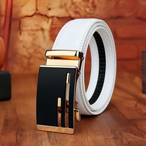TEMU 남성용 캐주얼 자동 버클 벨트, 오픈워크 합금 자동 버클 특징, 3.5Cm/1.38In 폭 레치팅 벨트, 길이 조절 가능, 데일리 출퇴근, 사무실 회의, 데이트, 여행, 파티, 댄스, 휴일 선물 및 기타 행사에 적합