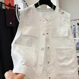 TEMU 여성 여름 신상 루즈핏 라운드넥 민소매 자카드 프린트 뚫린 흰색 조끼, 섬세한 자수 질감, 특정 계층을 위한 스타일, 캐주얼하고 활용도 높은 조끼 탑
