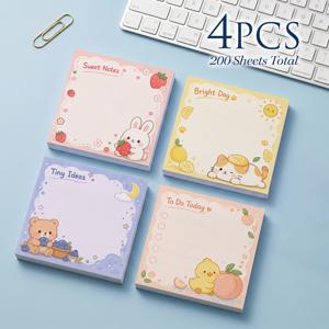 TEMU 4개 200매 총 200매 귀여운 과일 동물 스티커 메모, 75X75mm 3X3인치, 토끼 고양이 곰 오리 메모 패드, 할 일 목록 자가 접착 리마인더 메모, 사무실 학교 가정 책상용
