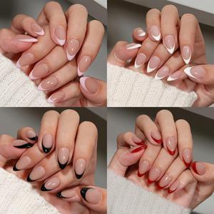 TEMU 120개 짧은 아몬드 프렌치 팁 인조 손톱, 화이트, 블랙, 레드, 핑크 4가지 색상, 15가지 사이즈, 여성 휴일 파티를 위한 간편한 네일 , 재사용 가능