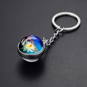 TEMU 1개 로터스 플라워 유리 볼 키체인 양면 펜던트 참 남성 선물용 장식 키링 액세서리