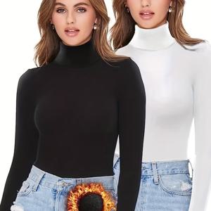 2팩 여성용 따뜻한 하이넥 터틀넥 긴팔 셔츠, 캐주얼 단색 니트 원단 탑, 폴리에스테르 90% 스판덱스 10%, 가을/겨울용 일반 길이