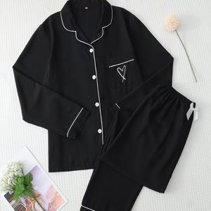 TEMU 솔리드 컬러 자수 하트 칼라 여성 파자마 세트