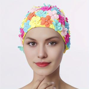 핸드메이드 자수 3D 멀티 레이어 플라워 라인스톤 헤어 케어 수영 모자 워터 스포츠 수영 모자 여성용 수영 모자