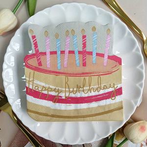 생일 케이크 프린트 냅킨 20장 - 생일, 기념일, 축하 행사를 위한 불규칙한 모양의 일회용 파티 장식, 'Happy Birthday' 스크립트와 컬러풀 캔들 & 레이어 디자인