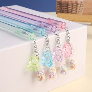 매일 사용하는 사무실용 귀여운 만화 표류 곰 병 펜던트가 달린 다양한 색상의 지우개 가능한 젤 펜 4팩 - 중간 굵기