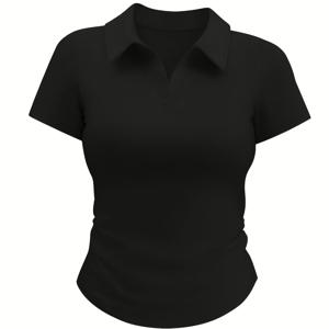 TEMU POLO 셔츠 핫 직각형 반팔 티셔츠 여성용 숏 탑 슬림핏 디자인 센스 허리 주름