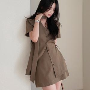 TEMU 프렌치 템페라멘트 V넥 싱글 브레스트 코트 탑 A라인 스커트 슈트