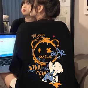TEMU 여성용 Y2K 만화 곰 그래픽 티셔츠 - 100% 면 슬림핏 롱라인 탑, 동기부여 문구 포함, 블랙 & 오렌지 프린트 봄 여름 가을 캐주얼 웨어, 곰 티셔츠, 라운드 넥라인, 내구성 있는 구조