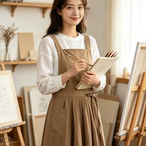 TEMU 인스타 스타일 일본 한국 빈티지 엘레강스 앞치마, 베이직 컬러, 우아하고 고급스러운 페인팅 코트 앞치마 셔츠, 카페 베이킹 작업복, 정원사용 앞치마 가운, 가정용 주방 데일리웨어