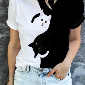 여성용 고양이 애호가 티셔츠, 전신 흑백 아기 고양이 프린트 - 반팔 크루넥 여름 상의, 일상복, 야외, 캐주얼용, 고양이 테마 의상에 적합