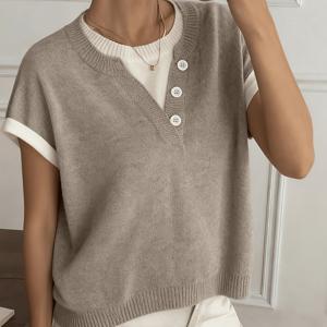 TEMU 여성 캐주얼 출퇴근 대비 조합 조끼, 캐주얼 대비 헨리 풀오버, 여성용 부드러운 투인원