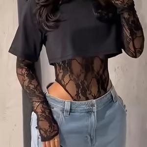 TEMU 여성용 우아한 레이스 패널 긴소매 바디수트 탑