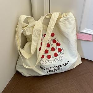 여성용 한국 스타일 딸기 케이크 토트백 - 통근 및 쇼핑용 수제 핸드페인팅 딸기 프린트, 드로스트링 잠금장치가 있는 경량 접이식 대용량 숄더백, 크림 톤 디저트 가방