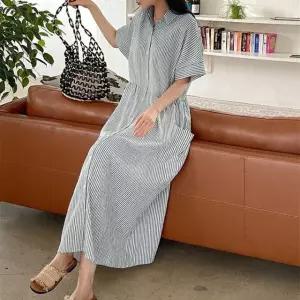 나들이룩 단추 롱원피스 루즈핏 반팔 세로 스트라이프 캉캉