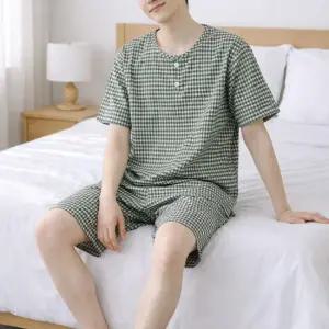 남자 홈웨어 잠옷세트 반팔상의+반바지 체크 여름 고무줄 파자마