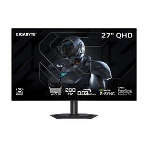 기가바이트 - MO27Q28GR 27인치 W-OLED 게이밍 모니터 QHD 2560x1440-280Hz 0.03ms GTG AMD 프리싱크 프리미엄 프로, G-SYNC 호환 타입-C KVM HDMI, DP, 높이 및 기울기 조절 가능 블랙