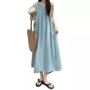 [에이치플러스몰]여성 롱원피스 민소매 플레어 치마 휴양지 여행룩 홈웨어