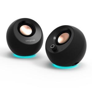 크리에이티브 페블 프로(블랙) 미니멀리스트 2.0 USB-C 컴퓨터 스피커, 블루투스 5.3 및 사용자 지정 가능한 RGB 조명, 클리어 다이얼로그 베이스플렉스 테크, USB 오디오, 헤드셋 포트, PC Mac용