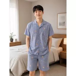 [롯데백화점]비비안 면 고양이 패턴 여름 상의 하의 파자마 남성 잠옷-BS(MP8896B)