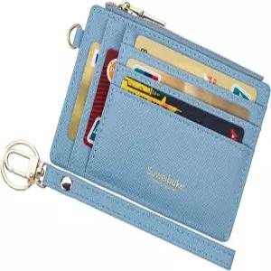 위카반리 여성 슬림 RFID 차단 신용카드 케이스 홀더 손목렛 지퍼 ID 지갑 열쇠고리가 달린 소형 가죽 동전