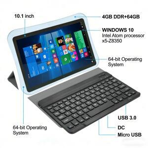 4GBRAM 64GB ROM 10.1인치 64비트 Q1 Windows 10 태블릿( 키보드 포함) x5-Z8350 HDMI 호환 듀얼 카메라