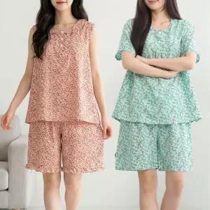 여성 플라워 프릴 인조 인견 5부 반팔 반바지 세트 여름 홈웨어 실내복 파자마